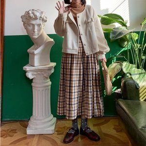 Yellow Brown Plaid Skirt Long Autumn Winter Cute Warm Japanese
